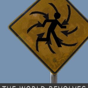 A diamond-shaped traffic sign with a silhouette of a running man surrounded by black arrows curving in toward him.