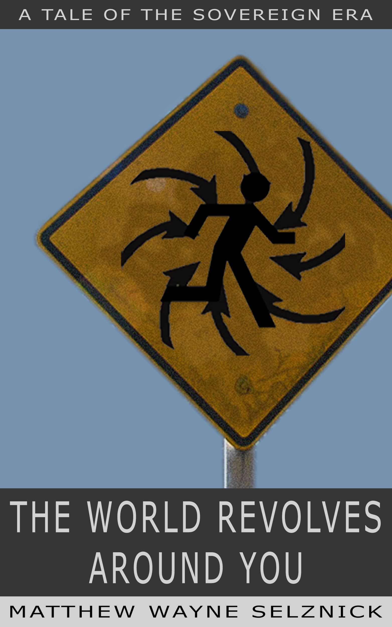 A diamond-shaped traffic sign with a silhouette of a running man surrounded by black arrows curving in toward him.