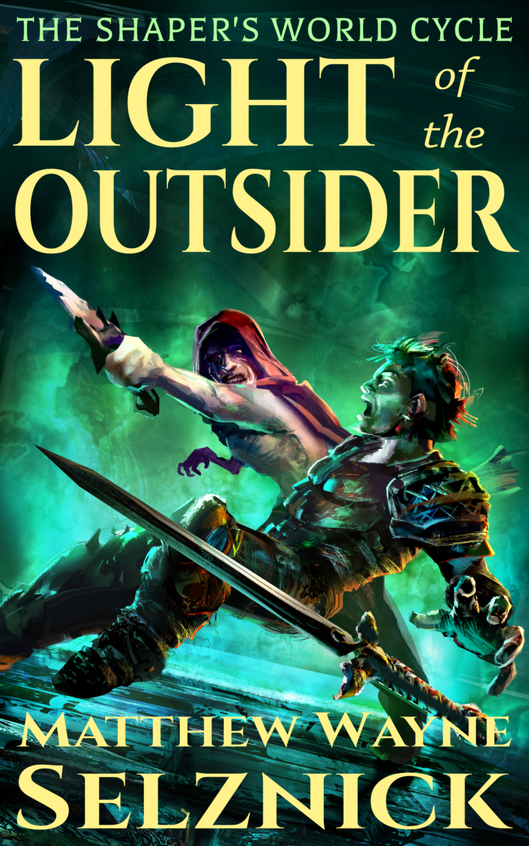The cover of the novel Light of the Outsider by Matthew Wayne Selznick, featuring a vicious cultist swinging a knife at a young man who is ducking and losing his grip on a sword, against a glowing eldritch green background.