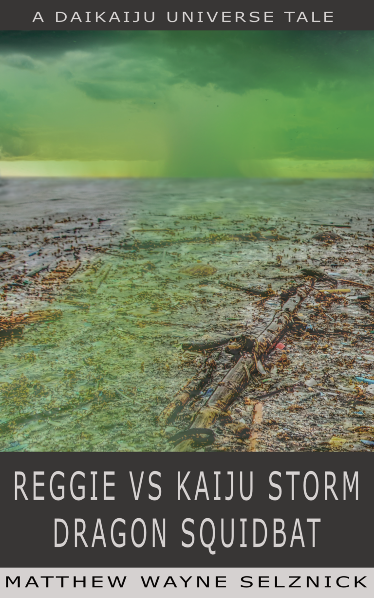Front book cover of Reggie vs Kaiju Storm Dragon Squidbat featuring a sickly green haze over a trash island in the middle of a stormy sea.