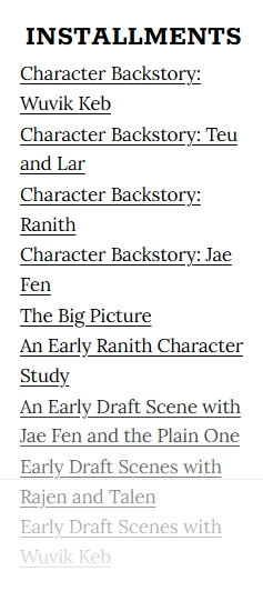 A screenshot of the partial list of content offered as insider access to Matthew Wayne Selznick's work-in- progress novel "Shadow of the Outsider."