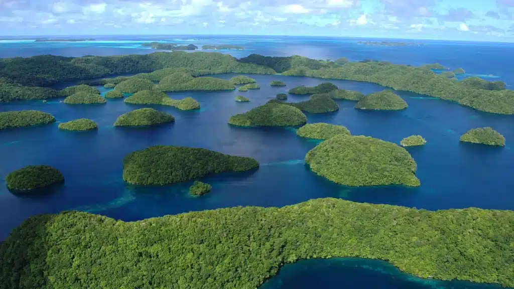 A scattering of islands in Palau. Photograph by LuxTonnerre. CC Attribution License.